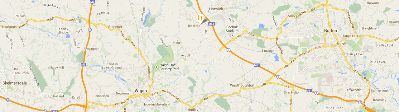 Kevin Hayden location map.Situated between Wigan and Bolton in Blackrod.