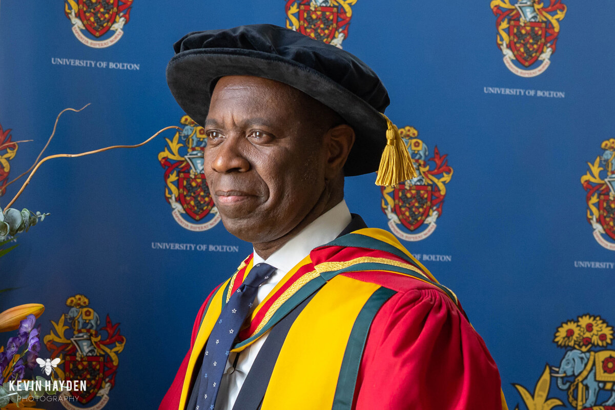 Award-winning TV journalist and Mastermind presenter Clive Myrie receives an honorary degree from the University of Bolton. Photo by Kevin Hayden.