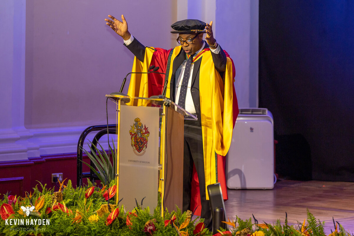 Award-winning TV journalist and Mastermind presenter Clive Myrie receives an honorary degree from the University of Bolton. Photo by Kevin Hayden.