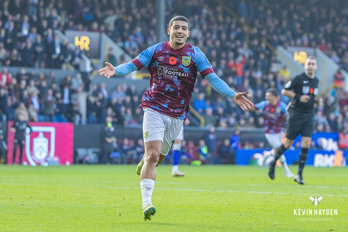 Burnley's Anass Zaroury celebrates his goal against Blackburn Rovers in the East Lancahire derby at Turf Moor, Burnley. Photo by Kevin Hayden.