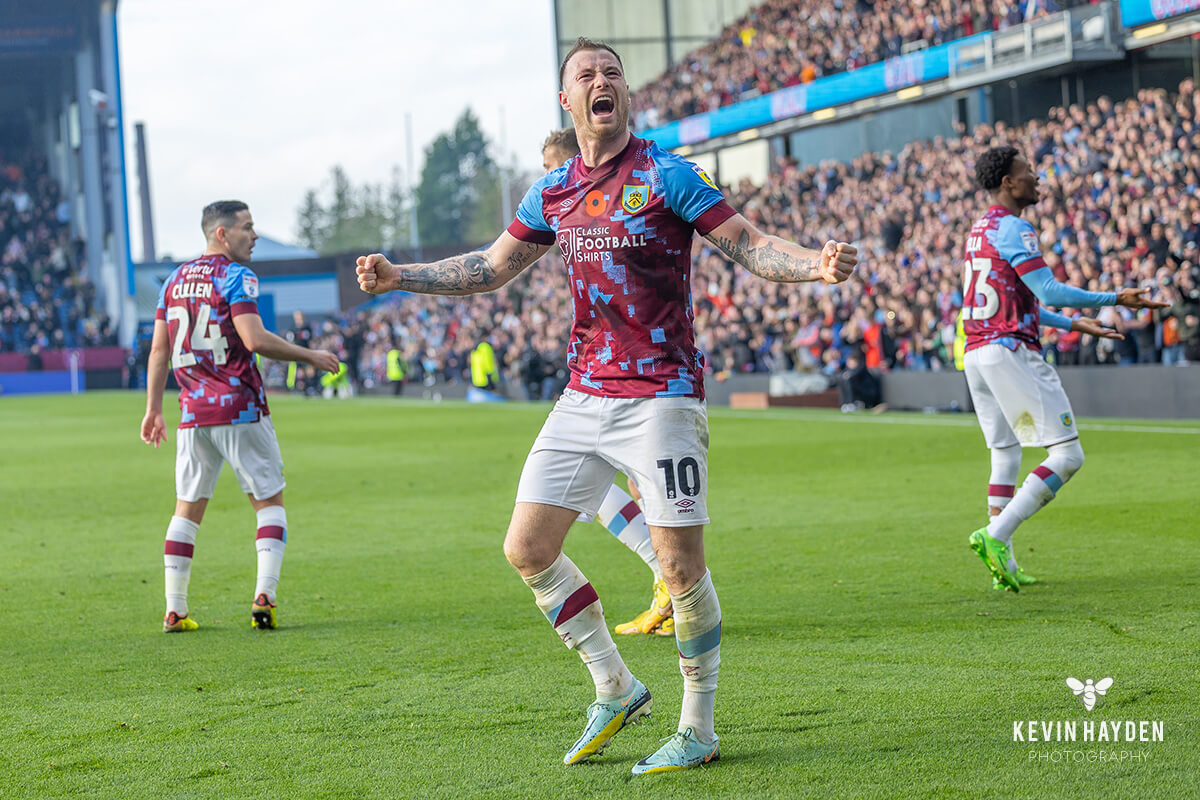 Burnley's Ashley Barnes celebrates a goal against Blackburn Rovers during the East Lancashire derby at Turf Moor, Burnley. Photo by Kevin Hayden.