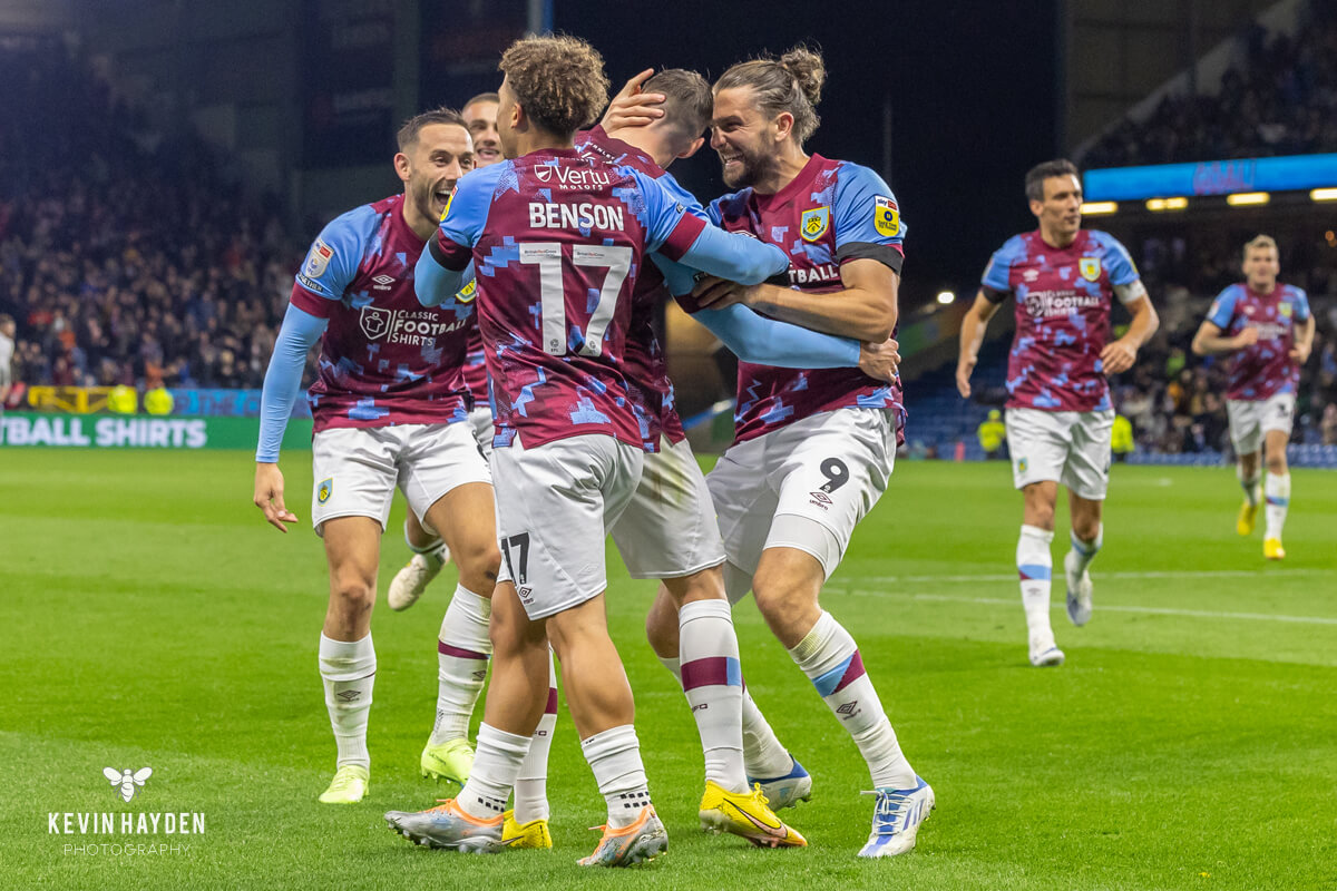 Burnley's Jay Rodríguez celebrates with Connor Roberts after his goal against Stoke City at Turf Moor, Burnley. Photo by Kevin Hayden.