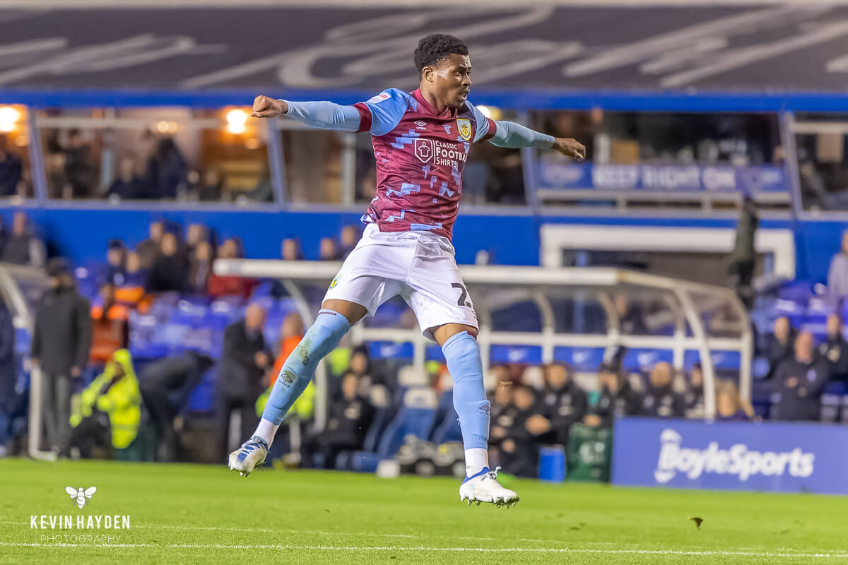 A Nathan Tella shot in the EFL Championship game against Birmingham City at St. Andrew's, Birmingham. Photo by Kevin Hayden.