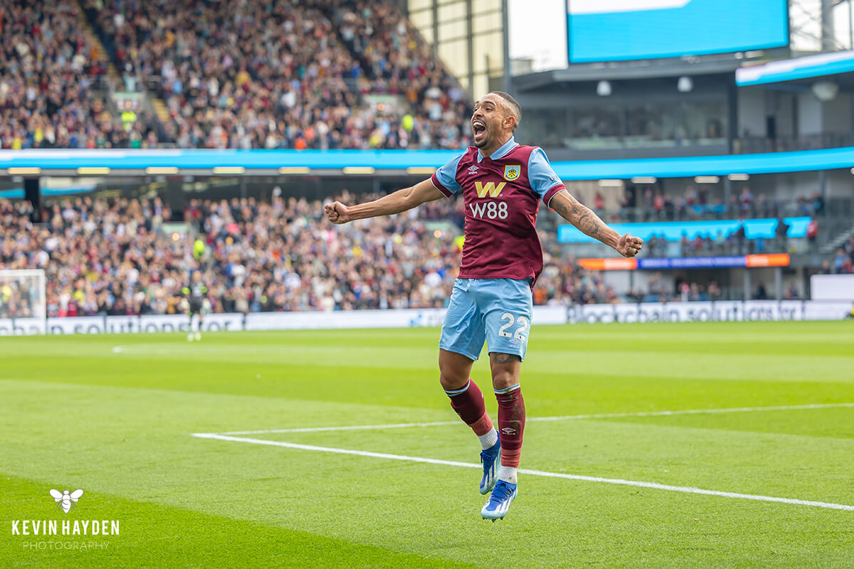 Burnley's Vitinho celebrates after Wilson Odobert scored against Chelsea at Turf Moor, Burnley. Photo by Kevin Hayden.