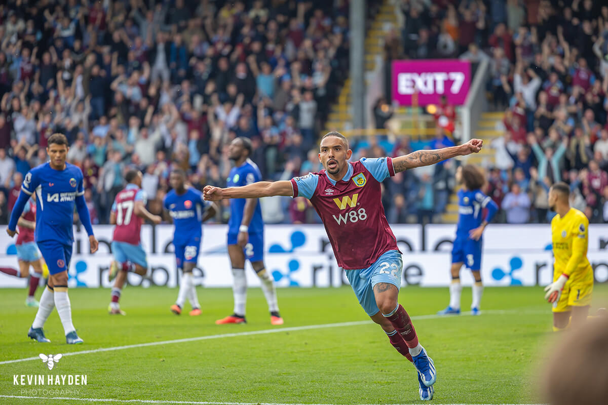 Burnley's Vitinho celebrates after Wilson Odobert scored against Chelsea at Turf Moor, Burnley. Photo by Kevin Hayden.