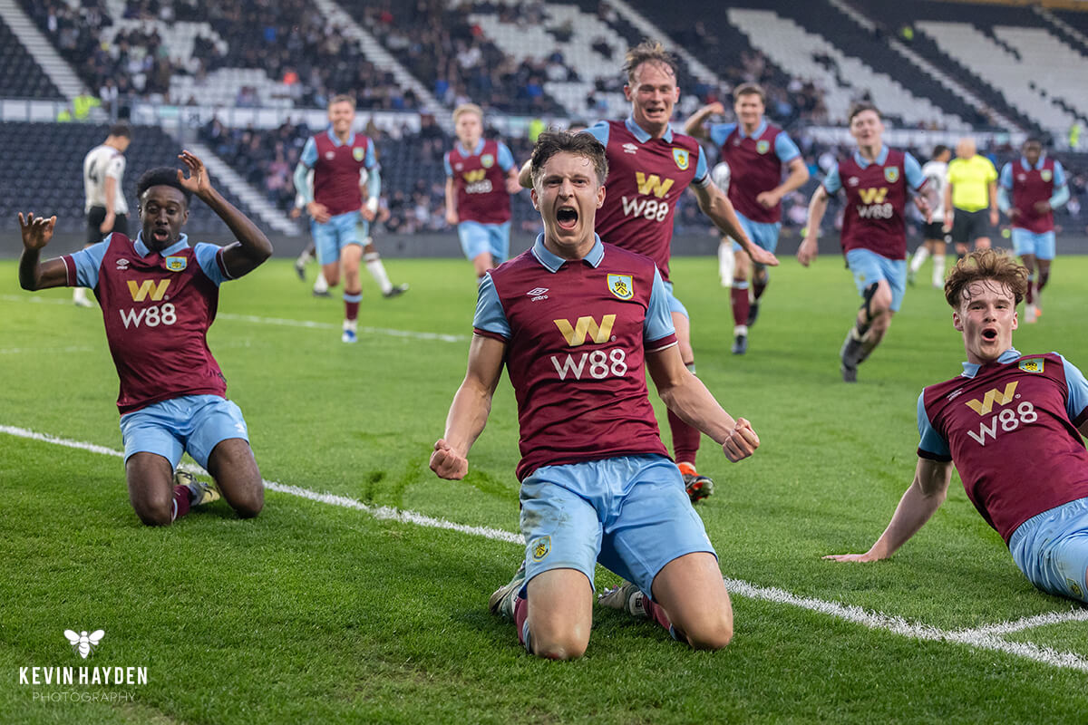 Burnley's Benn Ward celebrates his goal against Derby County in the Central League Cup at Pride Park, Derby. Photo by Kevin Hayden.